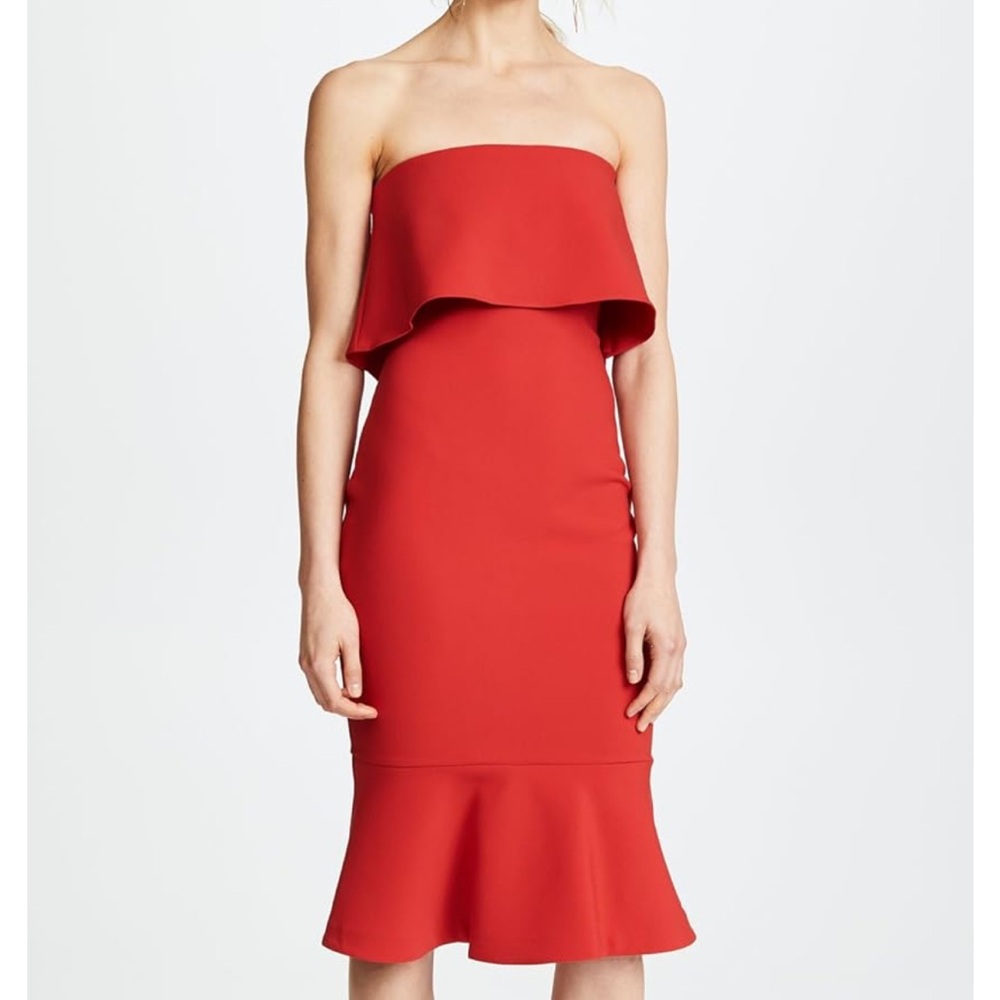 New Likely Conrad cocktail party holiday strapless fitted red midi dress